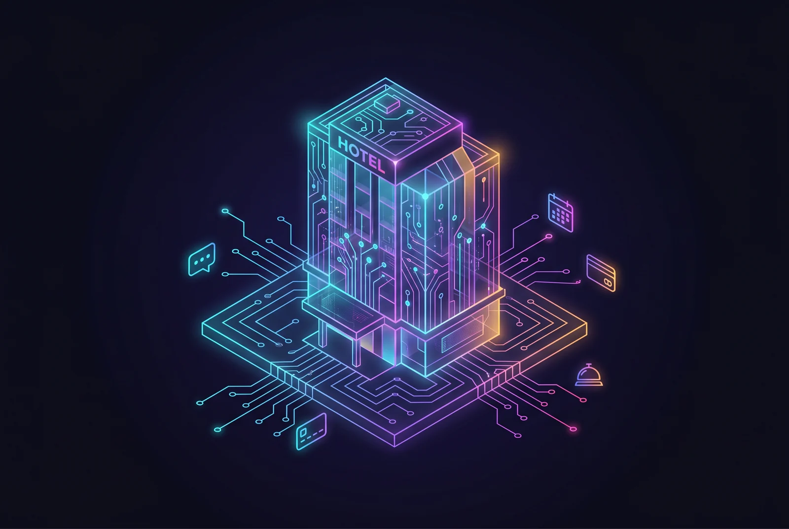 Isometric illustration of a hotel rendered as a glowing digital tower on an AI circuit board, with data pathways connecting to booking, messaging, key-card, and concierge agents